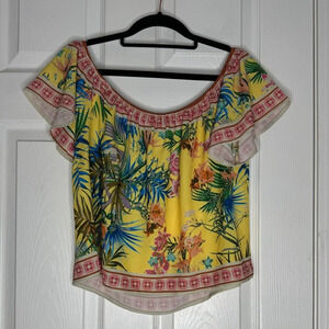FLYING TOMATO Off Shoulder Yellow Tropical Blouse Top Size Small Vacation Cruise
